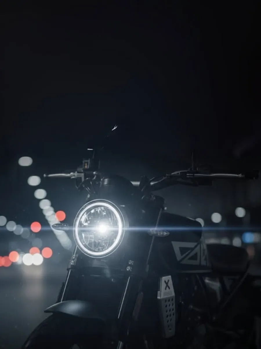 The Crossfire 500 headlight lit on a city street at night